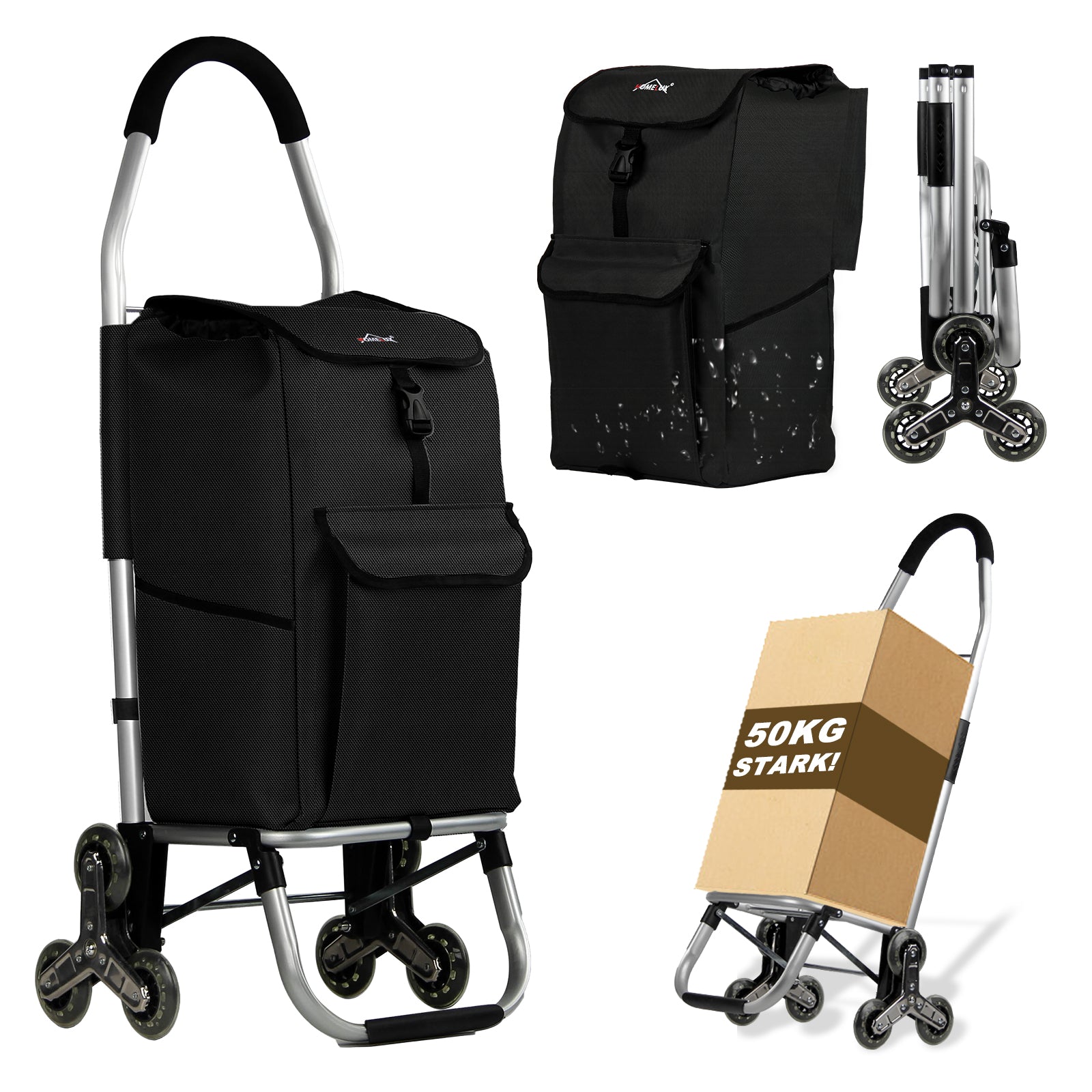 HOMELUX Einkaufstrolley, klappbar, stabil, 41 L Kapazität, multifunktional, Handwagen mit Rollen, abnehmbare Tasche, dreieckige Räder