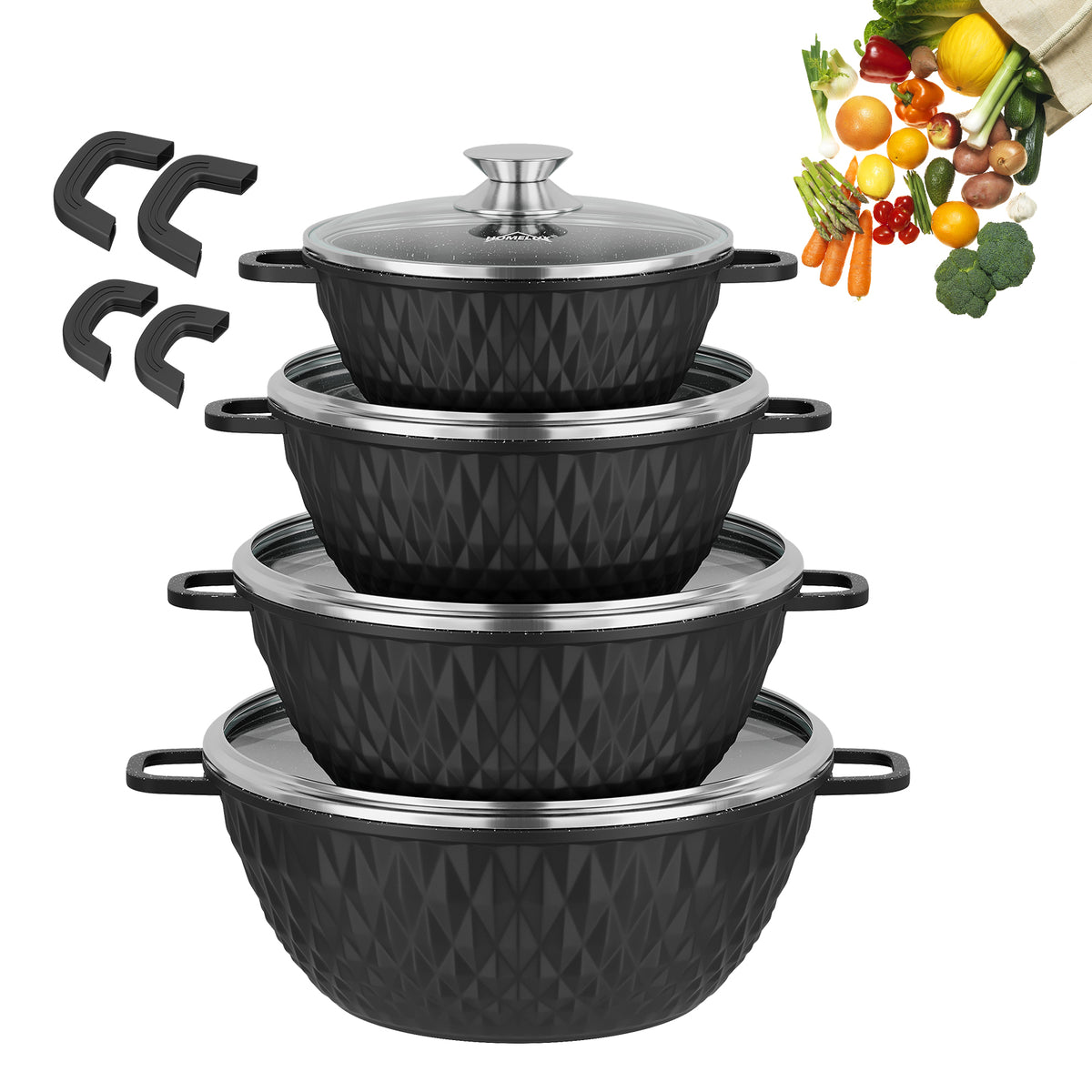 HOMELUX Aluguss Kochtopfset 8-teilig Induktion, Antihaft Topfset mit Glasdeckel, 20-32 cm, PFOA-frei