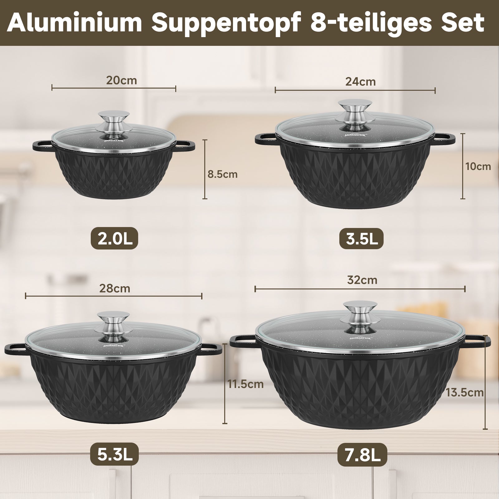 HOMELUX Aluguss Kochtopfset 8-teilig Induktion, Antihaft Topfset mit Glasdeckel, 20-32 cm, PFOA-frei