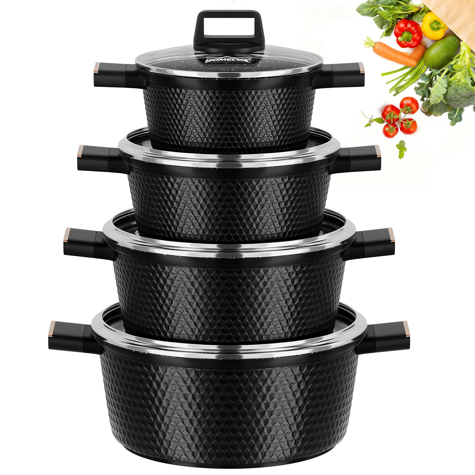 HOMELUX Kochtopf-Set, 8-teilig, mit Diamant-Struktur und Induktionsboden