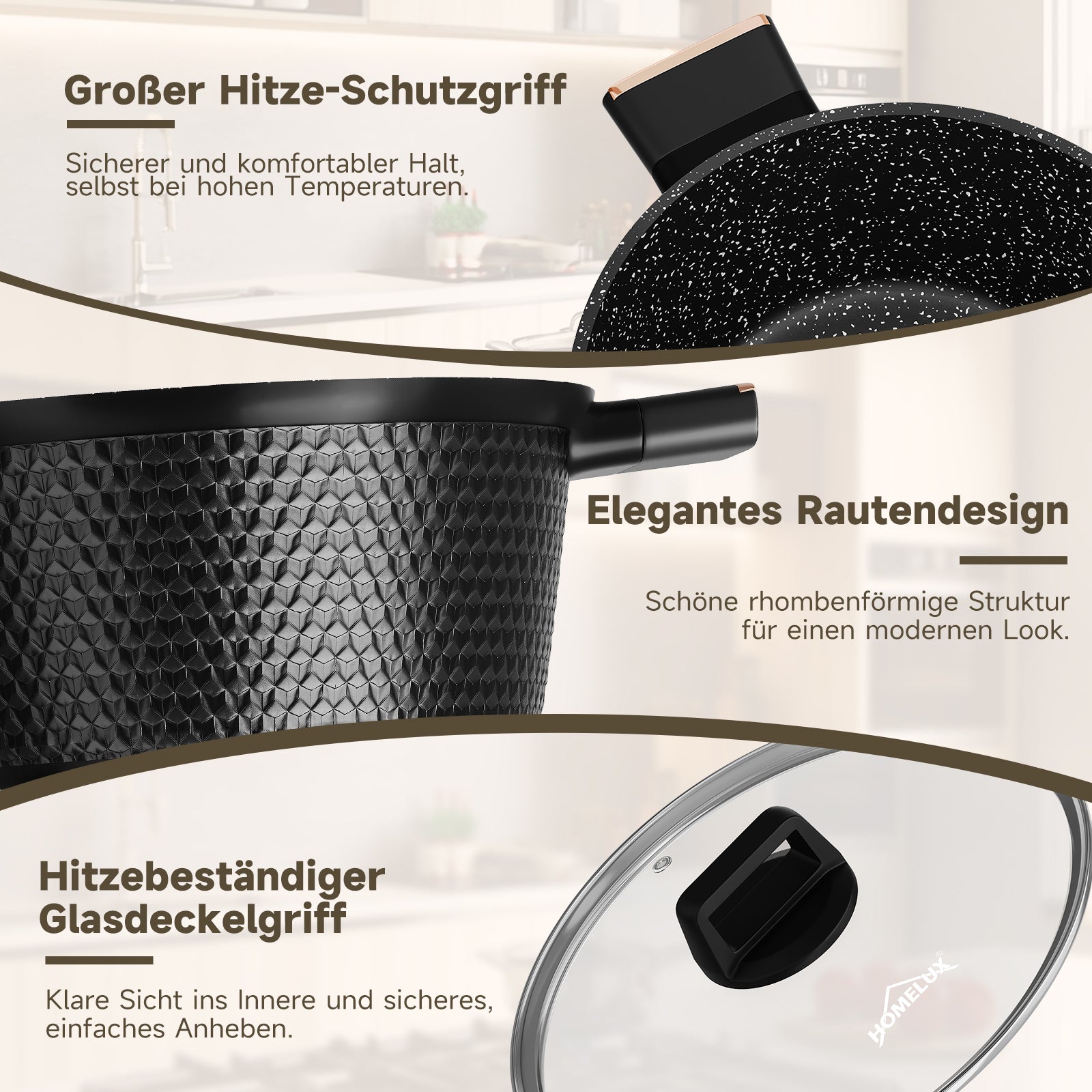 HOMELUX Kochtopf-Set, 8-teilig, mit Diamant-Struktur und Induktionsboden