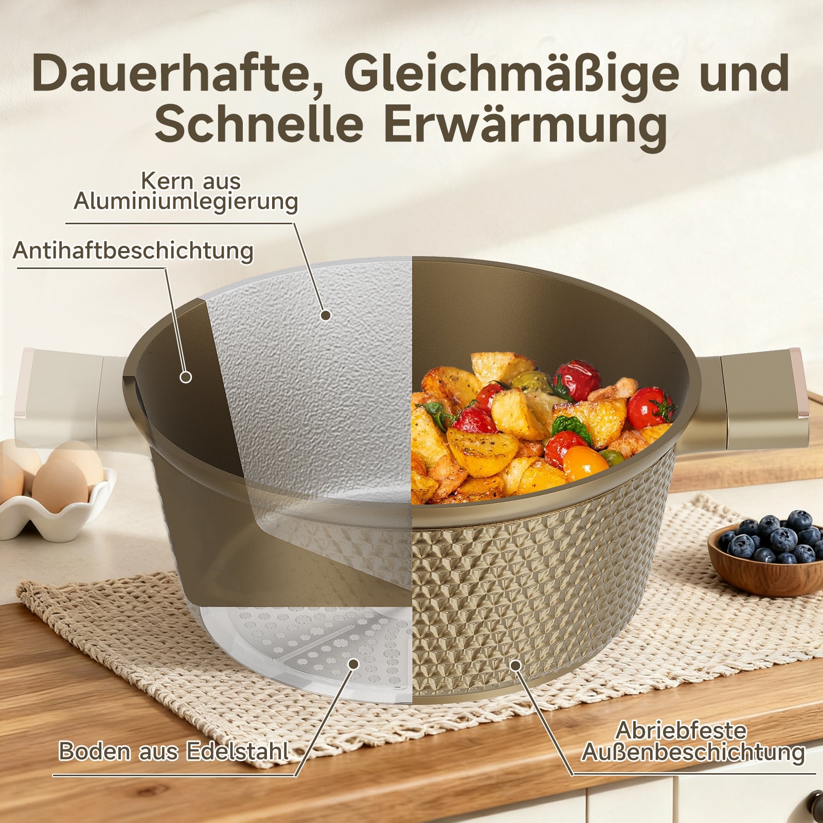 HOMELUX Kochtopf-Set, 8-teilig, mit Diamant-Struktur und Induktionsboden