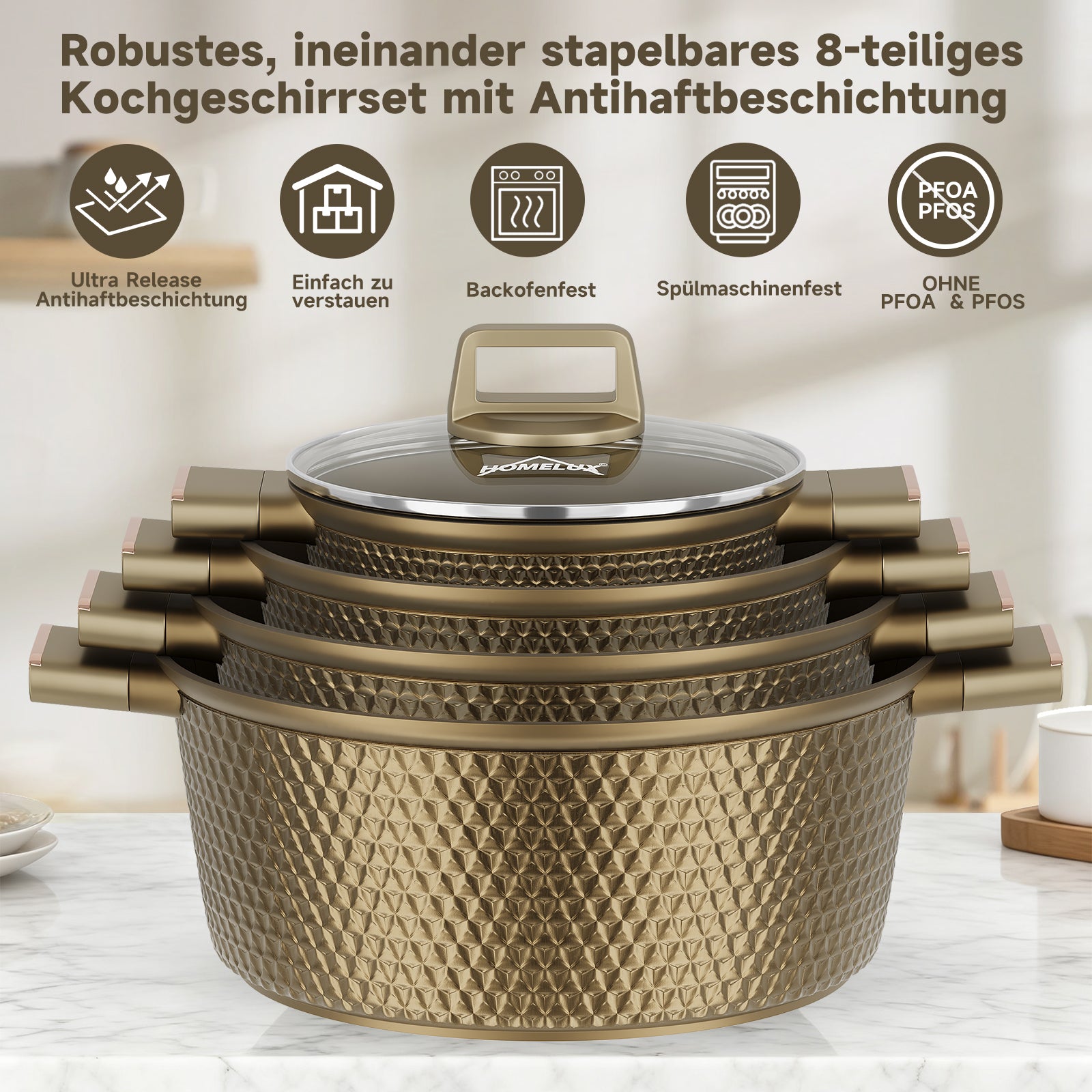 HOMELUX Kochtopf-Set, 8-teilig, mit Diamant-Struktur und Induktionsboden