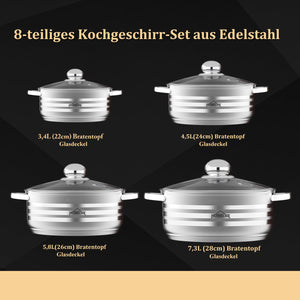 8-piece cooking pot set induction Homelux glass lid Dishwasher safe Compatible with all types of stoves Durable construction classic design 