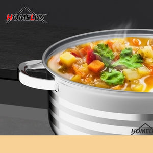 8-piece cooking pot set induction Homelux glass lid Dishwasher safe Compatible with all types of stoves Durable construction classic design 