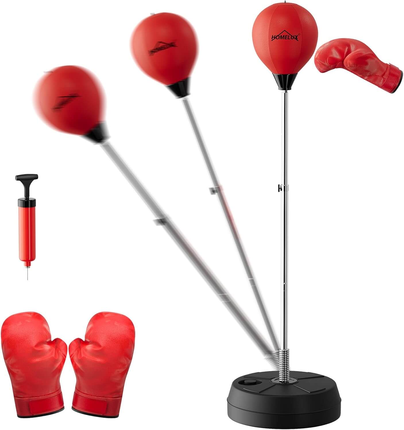 Punchingball Set mit Standbox, höhenverstellbar 121-145cm, Box Reflexball inkl. 1 Paar Handschuhe & Pumpe, Boxsport für Anfänger & Profis