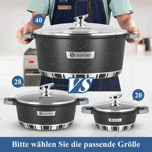 Scheffler Kochtopf mit Glasdeckel für Induktion Aluguss Antihaft Topf, hitzebeständig, energiesparend, frei von PFOA & PFOS
