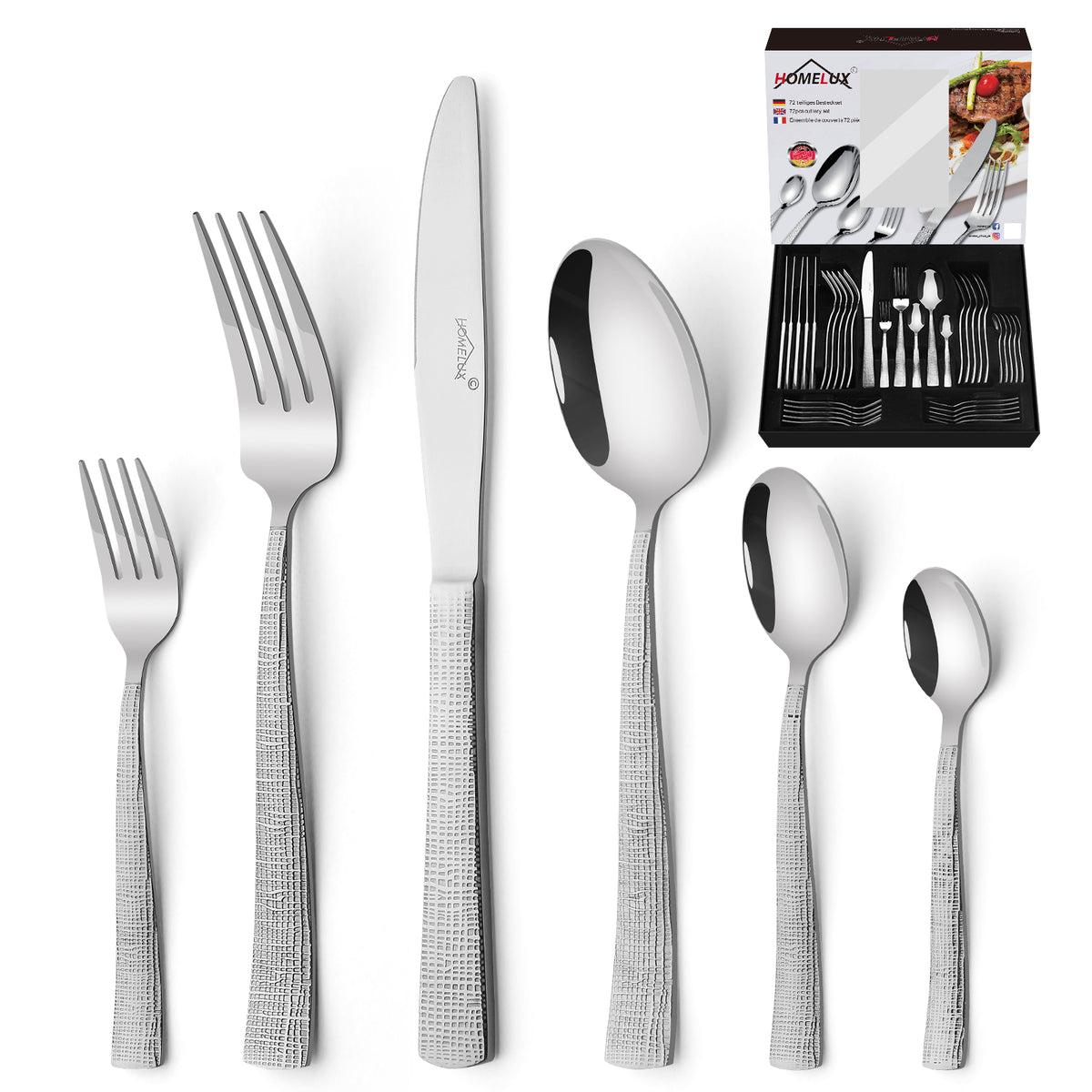HOMELUX 72-teiliges Besteckset für 12 Personen aus Edelstahl, gehämmertes Design, hochglanzpoliert, spülmaschinenfest