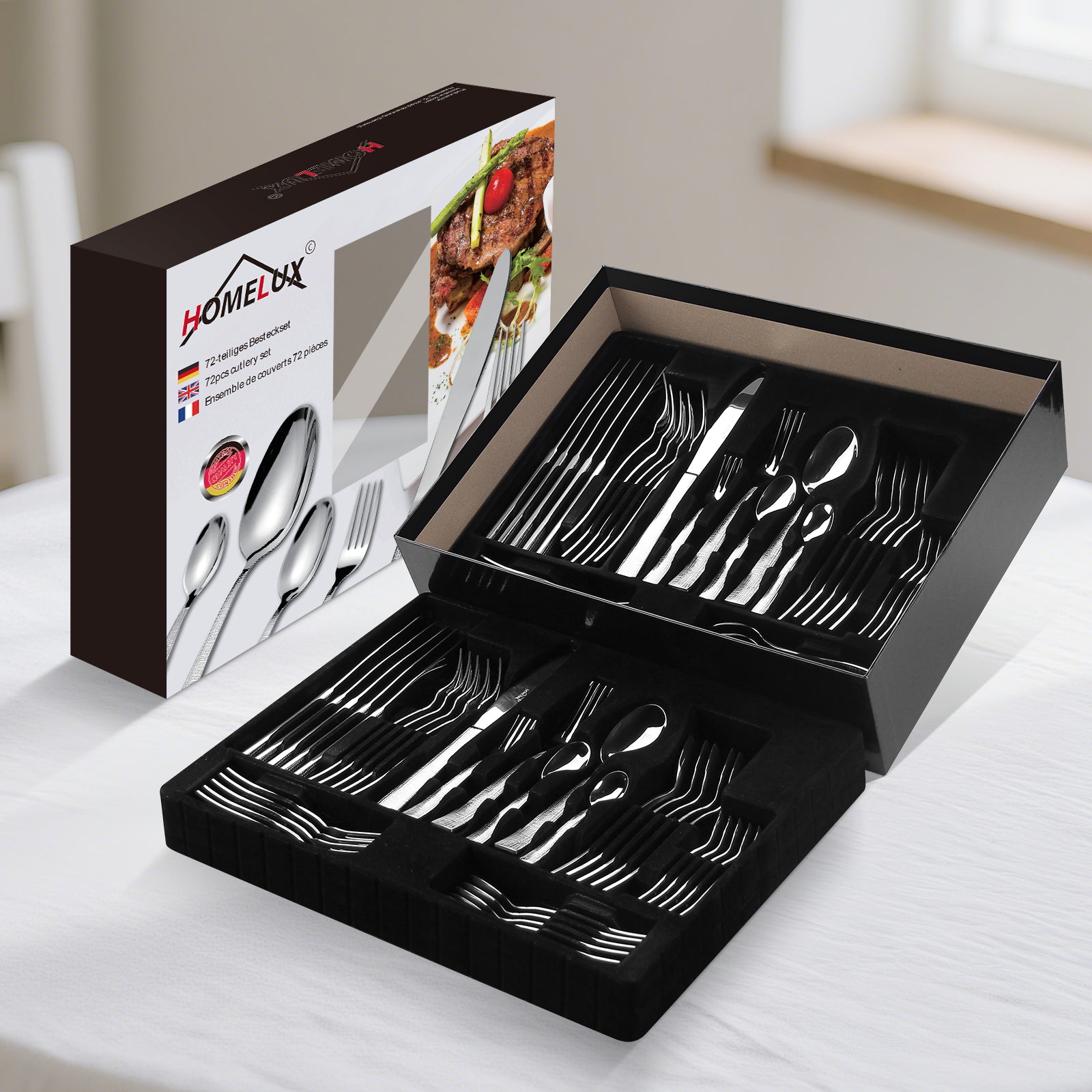 HOMELUX 72-teiliges Besteckset für 12 Personen aus Edelstahl, gehämmertes Design, hochglanzpoliert, spülmaschinenfest