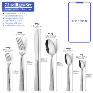 HOMELUX 72-teiliges Besteckset für 12 Personen aus Edelstahl, gehämmertes Design, hochglanzpoliert, spülmaschinenfest