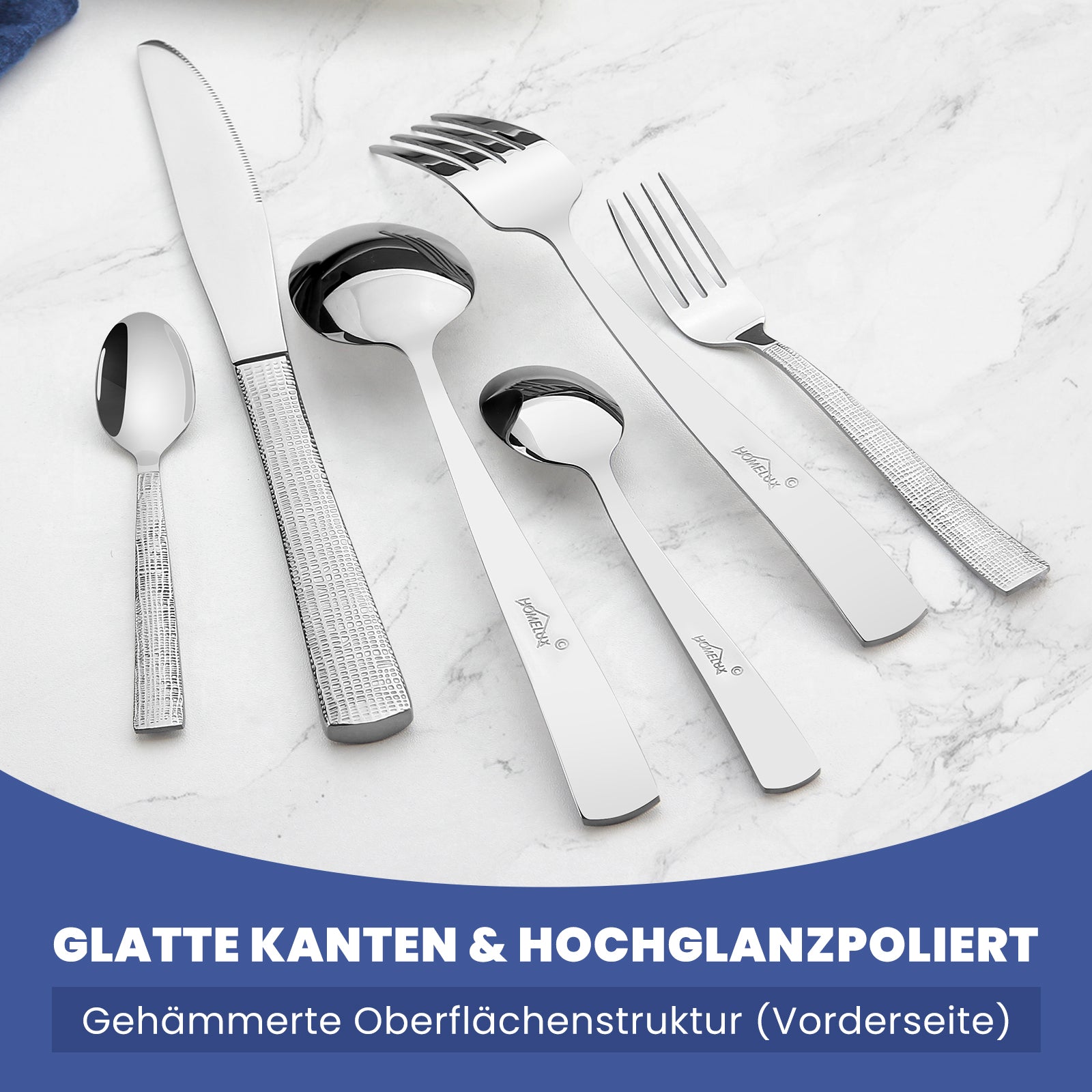HOMELUX 72-teiliges Besteckset für 12 Personen aus Edelstahl, gehämmertes Design, hochglanzpoliert, spülmaschinenfest