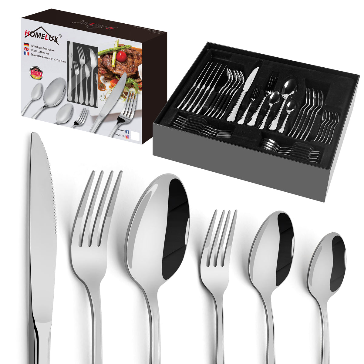 Homelux 72-teiliges Besteckset für 12 Personen, Edelstahl rostfrei, spülmaschinenfest, hochglanzpoliertes Tafelbesteck in Box