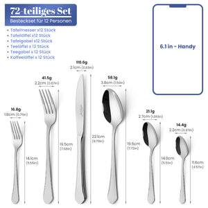 Homelux 72-teiliges Besteckset für 12 Personen, Edelstahl rostfrei, spülmaschinenfest, hochglanzpoliertes Tafelbesteck in Box