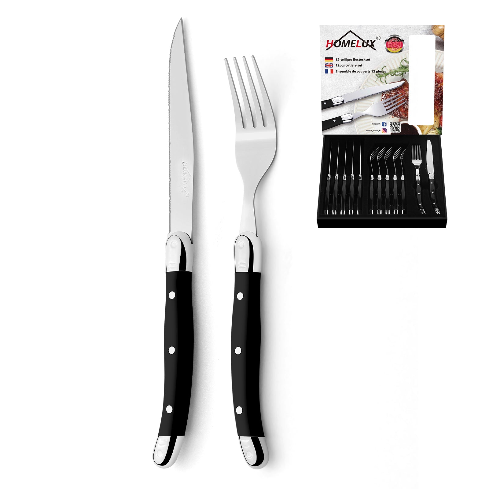 HOMELUX 12-teiliges Steakbesteck für 6 Personen, Edelstahl Besteckset mit schwarzen Griffen & edler Geschenkbox