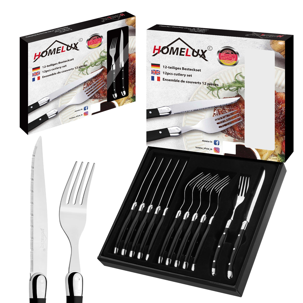 HOMELUX 12-teiliges Steakbesteck für 6 Personen, Edelstahl Besteckset mit schwarzen Griffen & edler Geschenkbox