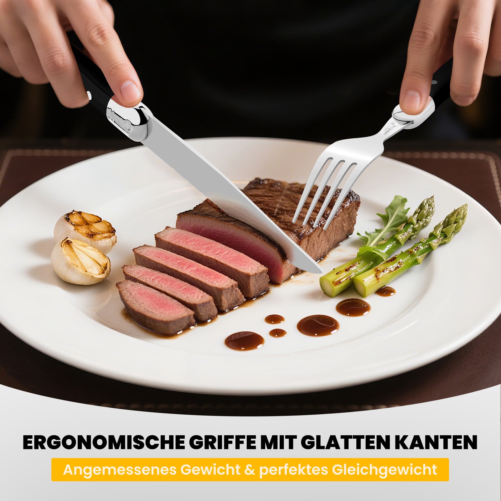 HOMELUX 12-teiliges Steakbesteck für 6 Personen, Edelstahl Besteckset mit schwarzen Griffen & edler Geschenkbox