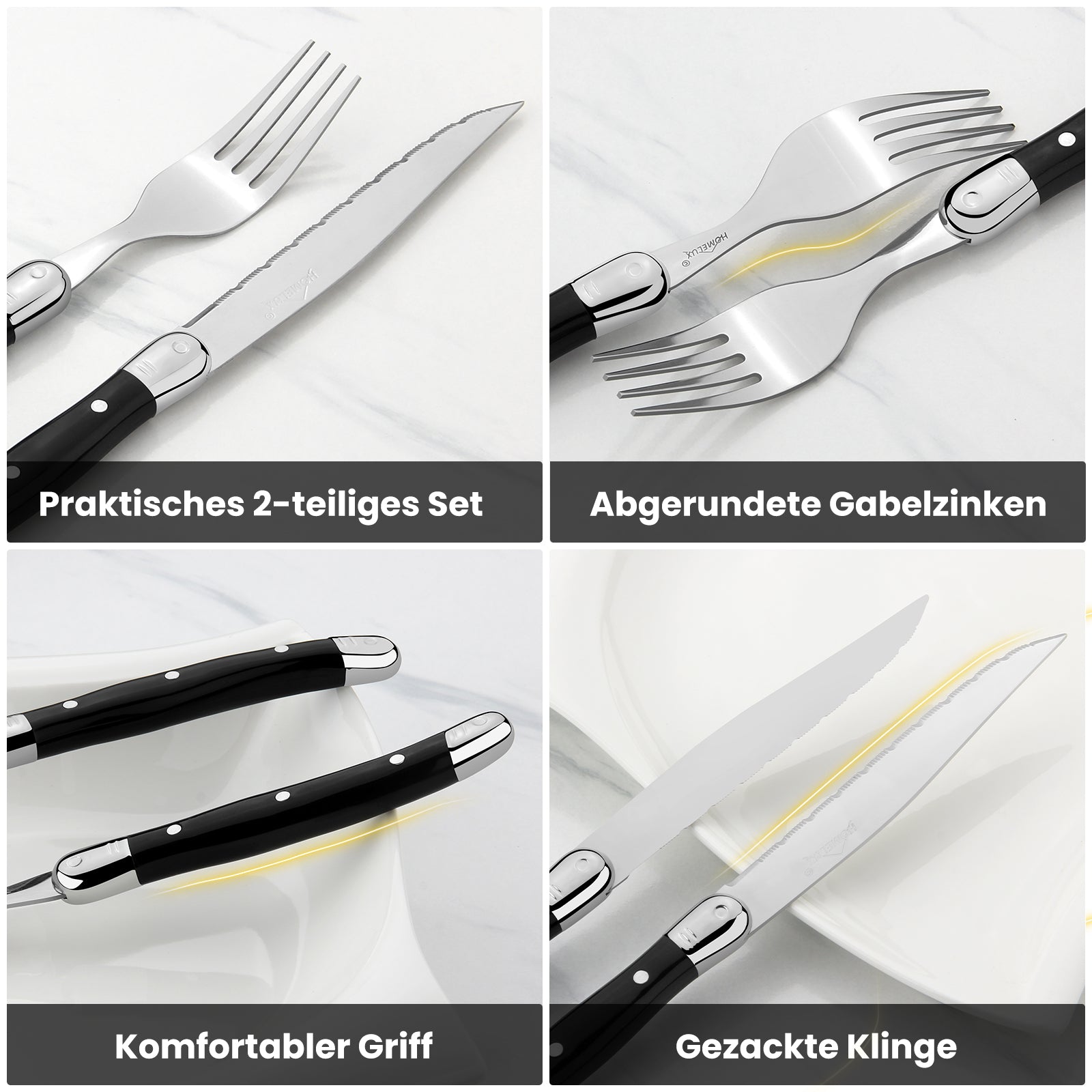 HOMELUX 12-teiliges Steakbesteck für 6 Personen, Edelstahl Besteckset mit schwarzen Griffen & edler Geschenkbox