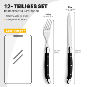 HOMELUX 12-teiliges Steakbesteck für 6 Personen, Edelstahl Besteckset mit schwarzen Griffen & edler Geschenkbox