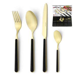 Besteckset 24-teilig für 6 Personen, Edelstahl-Besteck in Schwarz-Gold matt, spülmaschinengeeignet, inklusive Geschenkbox