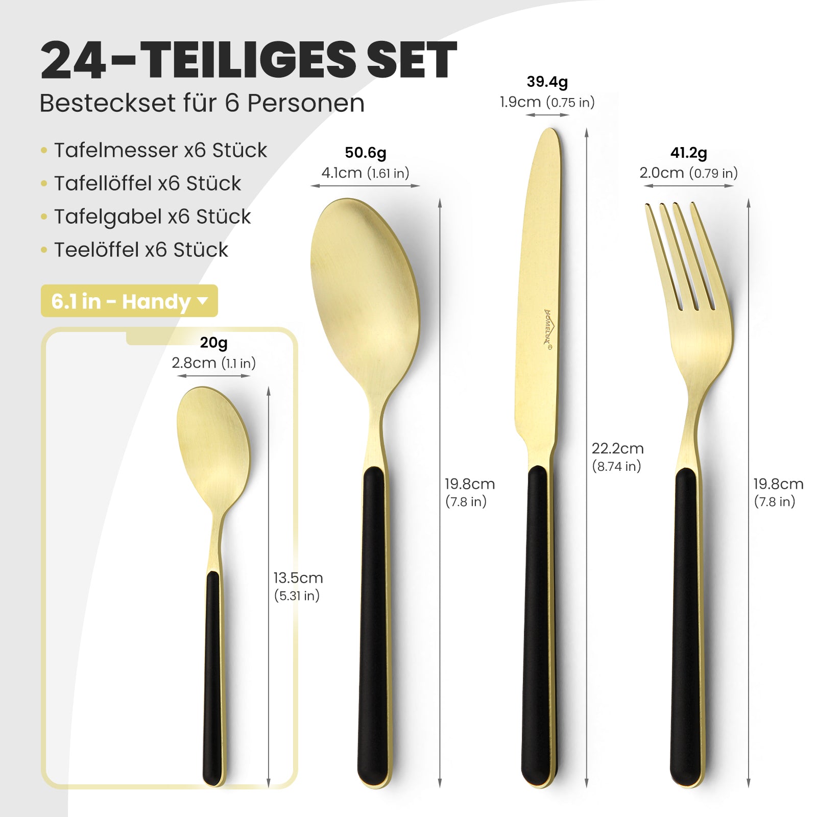 HOMELUX 24-teiliges Besteckset für 6 Personen, Edelstahl Tafelbesteck Schwarz-Gold, spülmaschinenfest, mit Geschenkbox