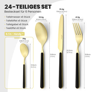Besteckset 24-teilig für 6 Personen, Edelstahl-Besteck in Schwarz-Gold matt, spülmaschinengeeignet, inklusive Geschenkbox