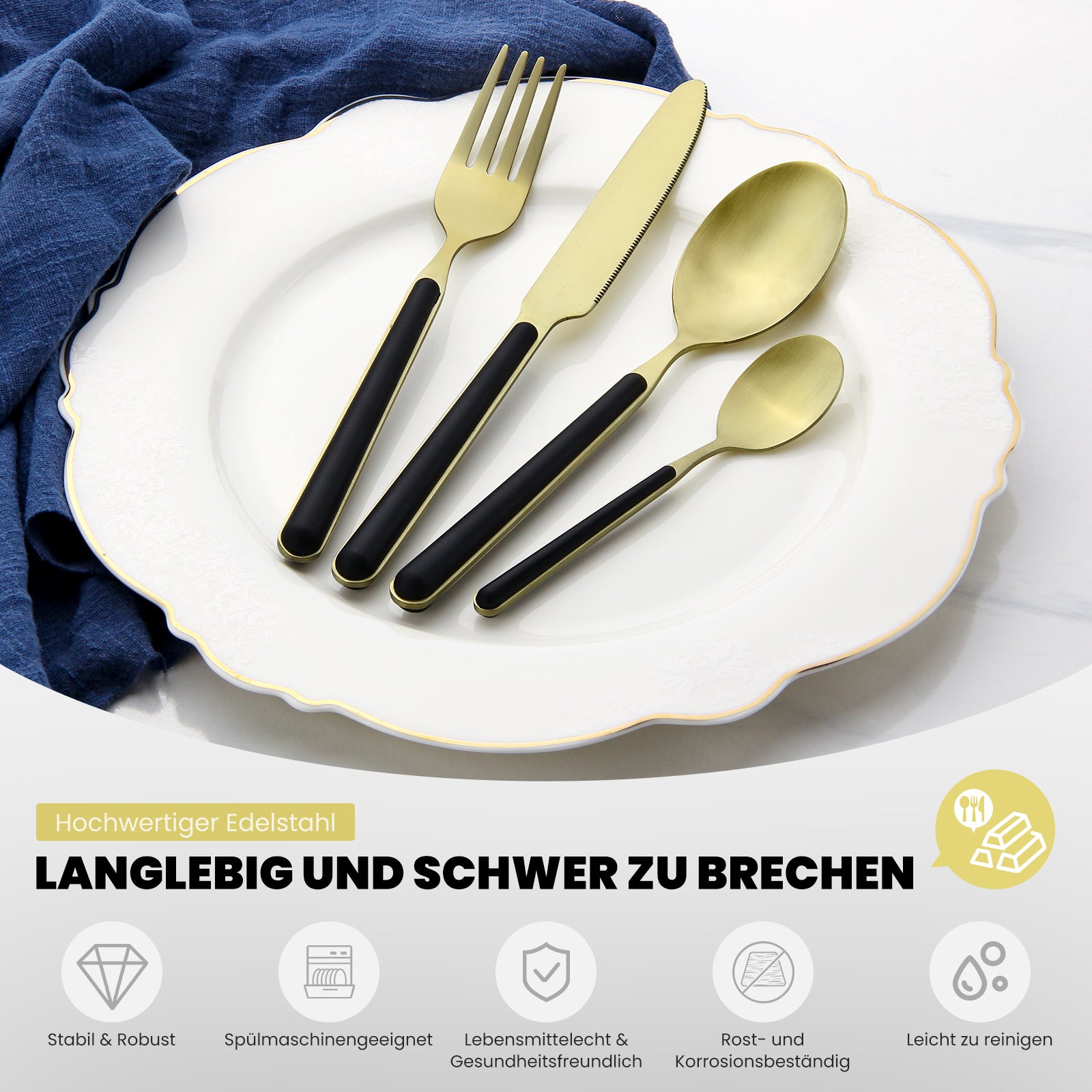 HOMELUX 24-teiliges Besteckset für 6 Personen, Edelstahl Tafelbesteck Schwarz-Gold, spülmaschinenfest, mit Geschenkbox