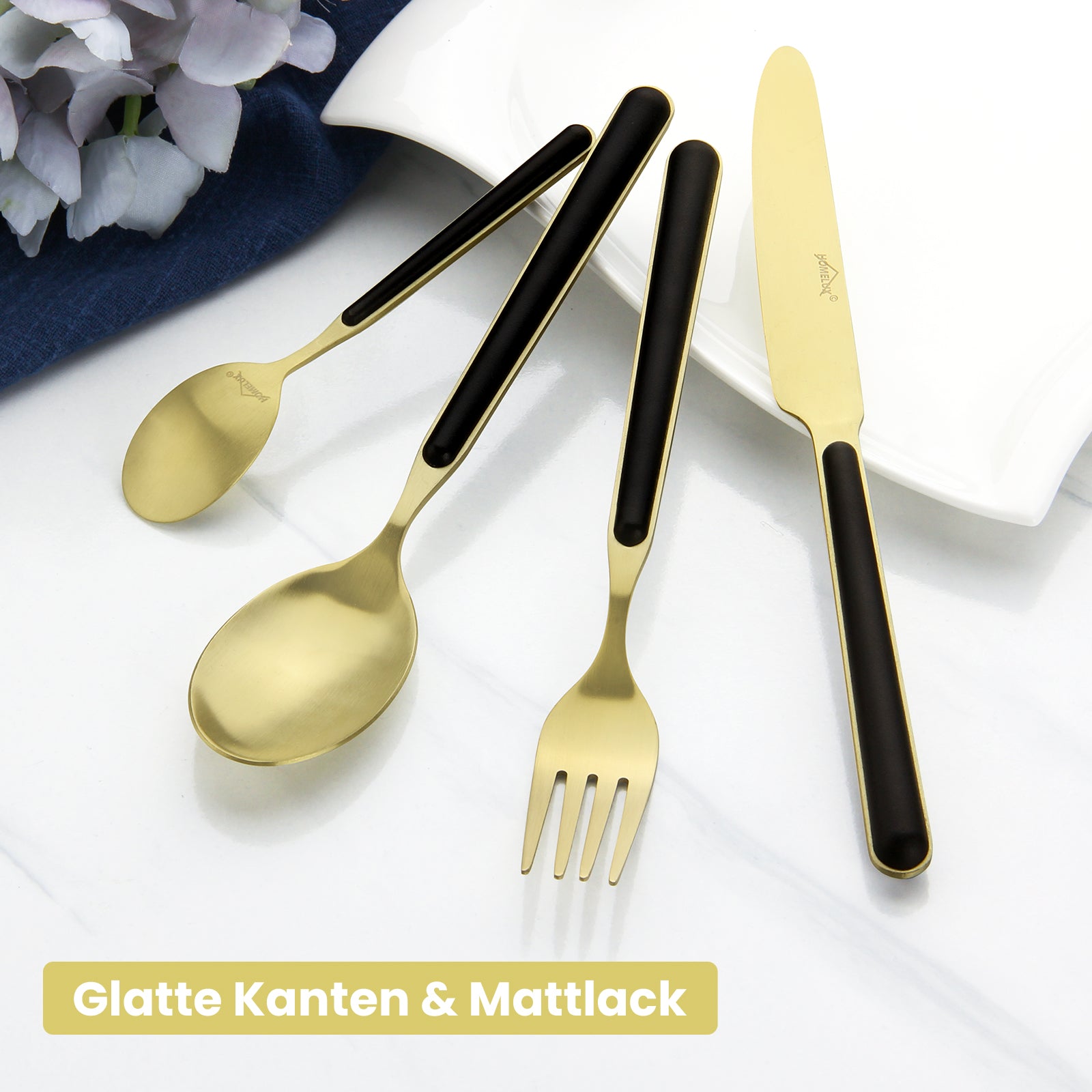 HOMELUX 24-teiliges Besteckset für 6 Personen, Edelstahl Tafelbesteck Schwarz-Gold, spülmaschinenfest, mit Geschenkbox