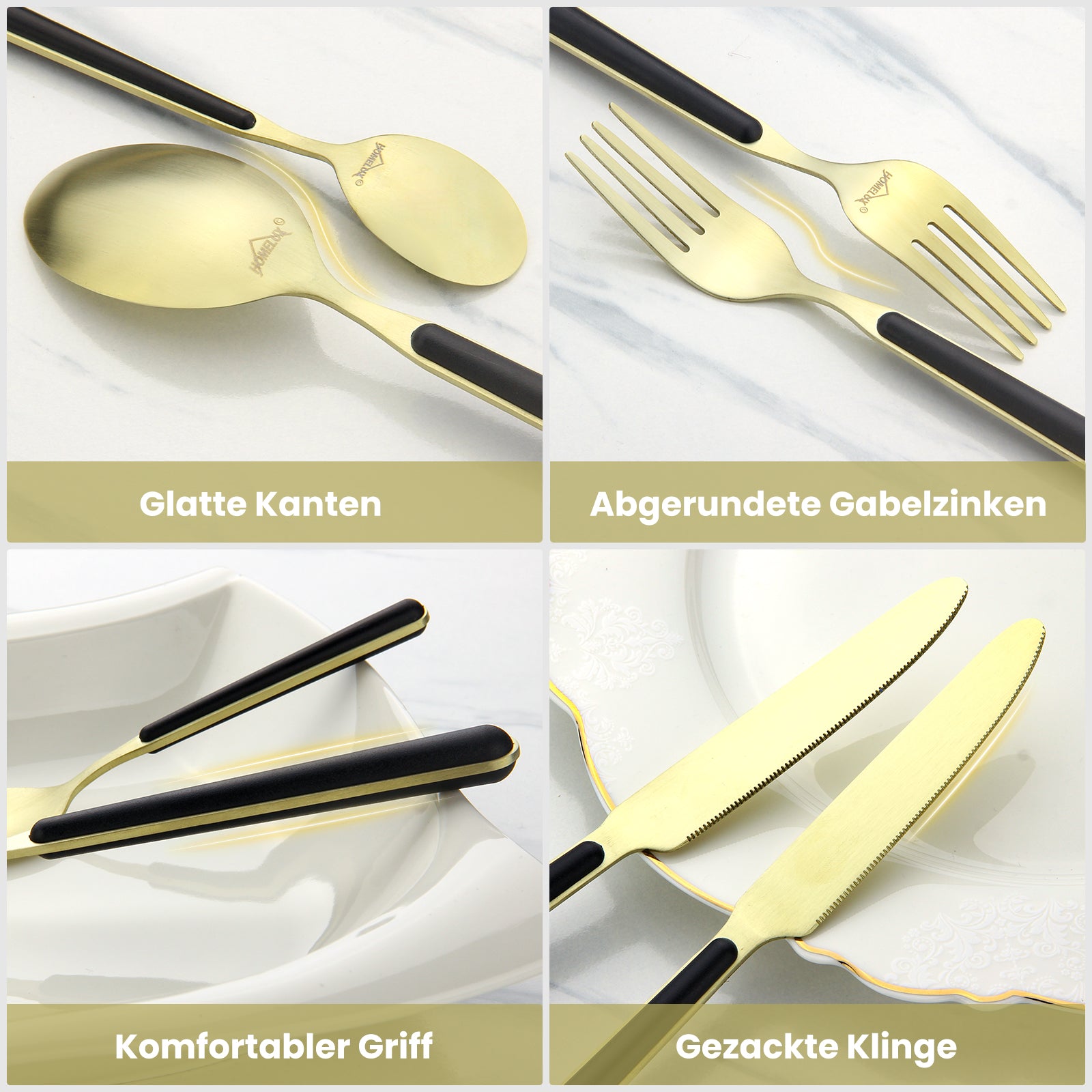 HOMELUX 24-teiliges Besteckset für 6 Personen, Edelstahl Tafelbesteck Schwarz-Gold, spülmaschinenfest, mit Geschenkbox