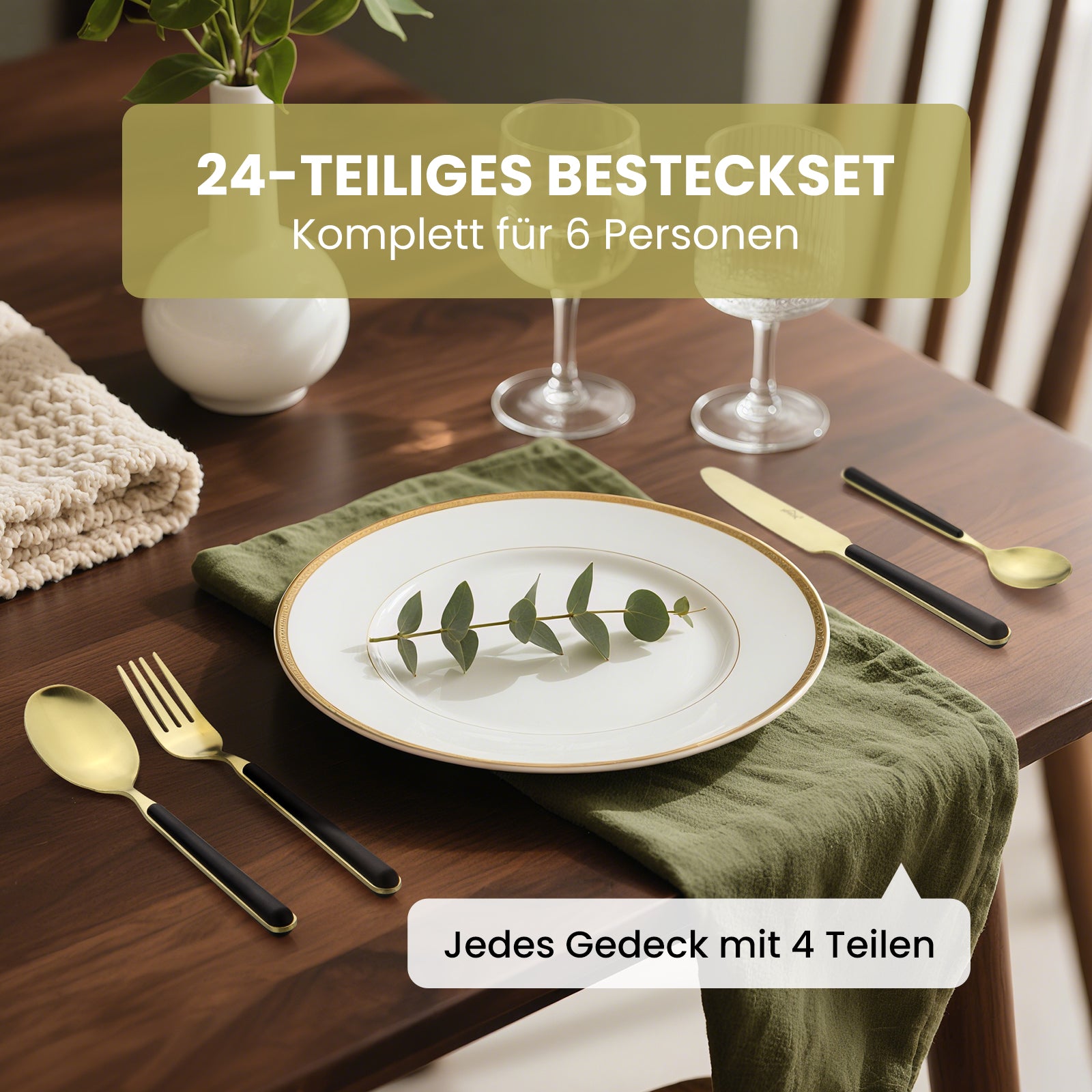 HOMELUX 24-teiliges Besteckset für 6 Personen, Edelstahl Tafelbesteck Schwarz-Gold, spülmaschinenfest, mit Geschenkbox