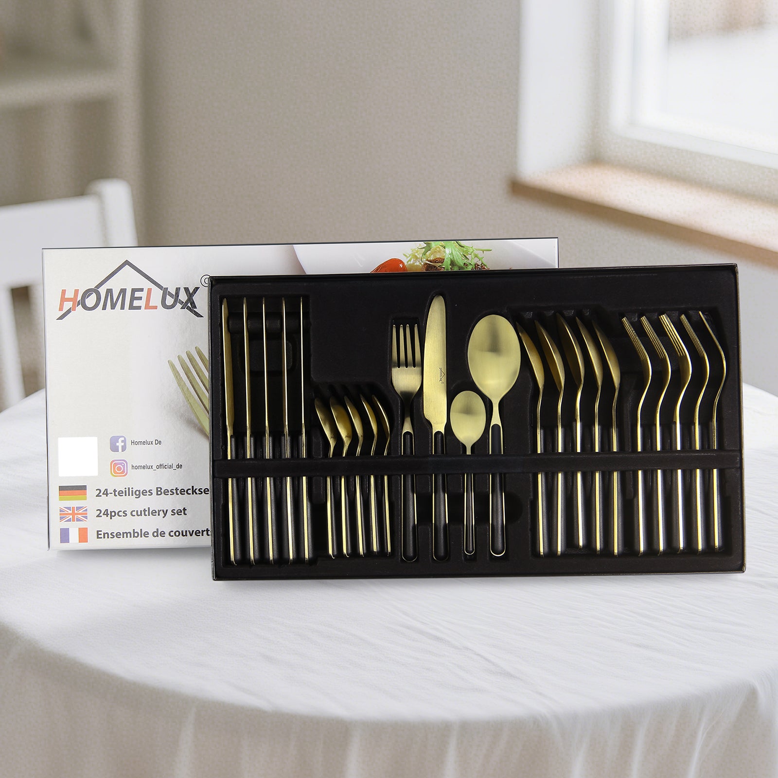 HOMELUX 24-teiliges Besteckset für 6 Personen, Edelstahl Tafelbesteck Schwarz-Gold, spülmaschinenfest, mit Geschenkbox