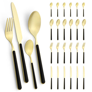 Besteckset 24-teilig für 6 Personen, Edelstahl-Besteck in Schwarz-Gold matt, spülmaschinengeeignet, inklusive Geschenkbox