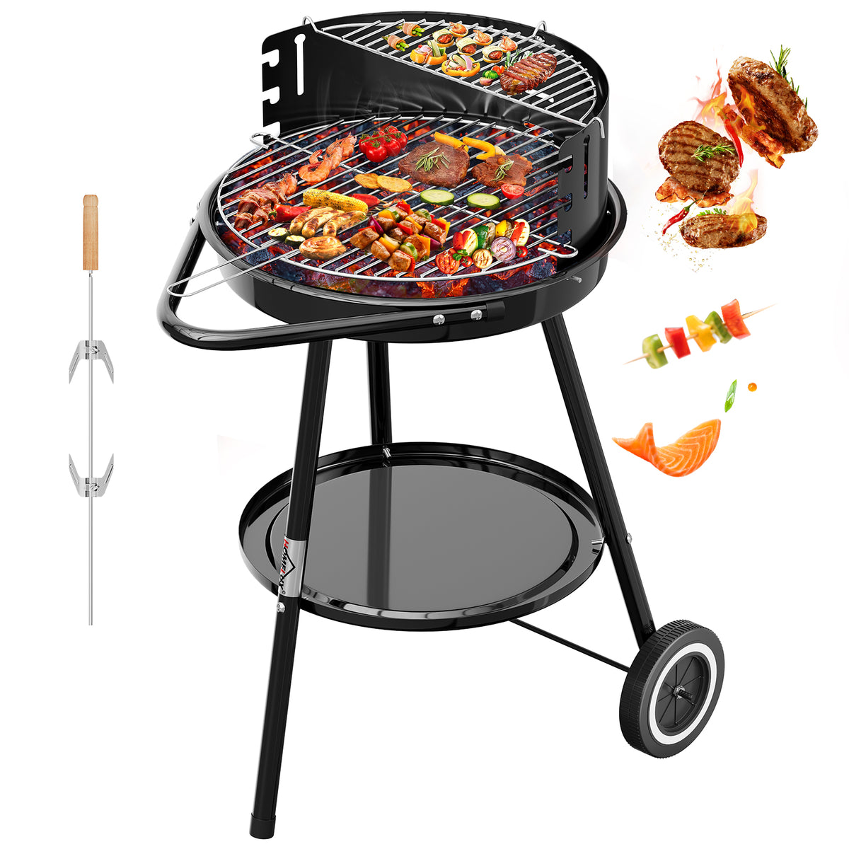 Holzkohlegrill mit Rollen, 39 x 39 + 36 x 14 cm, Garten & Park, Windschutz, Ablage, Warmhalterost, Rundgrill, schwarz