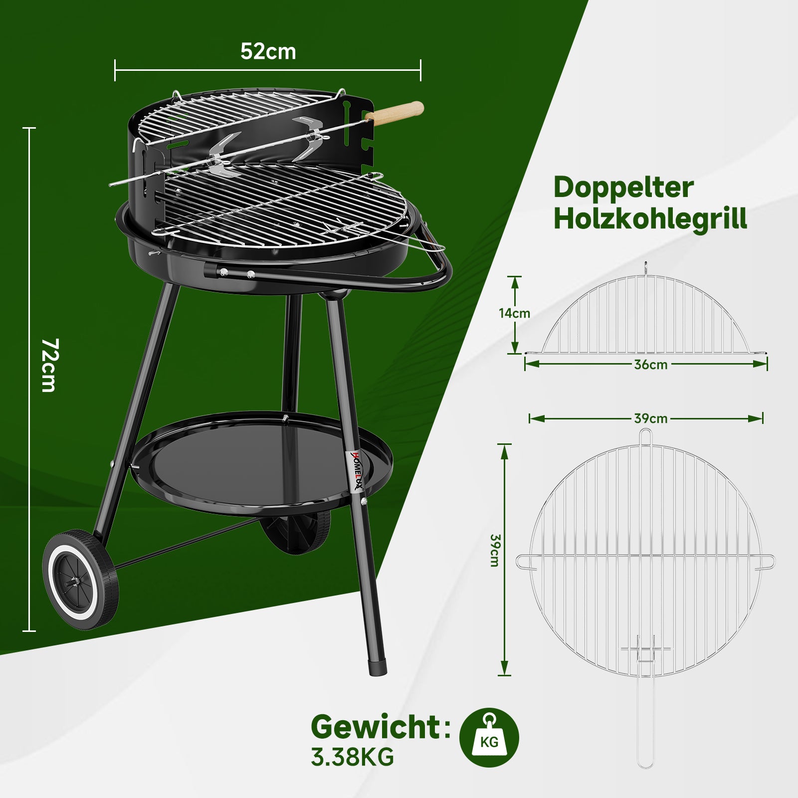Tragbarer Holzkohlegrill Rundgrill mit Rädern und Windschutz, höhenverstellbarer Edelstahlrost für Garten und Camping