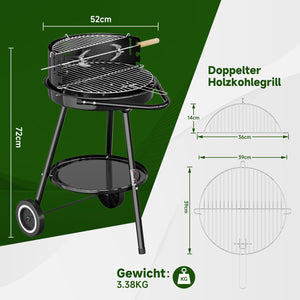 Holzkohlegrill mit Rollen, 39 x 39 + 36 x 14 cm, Garten & Park, Windschutz, Ablage, Warmhalterost, Rundgrill, schwarz