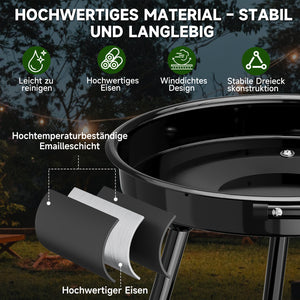 Holzkohlegrill mit Rollen, 39 x 39 + 36 x 14 cm, Garten & Park, Windschutz, Ablage, Warmhalterost, Rundgrill, schwarz