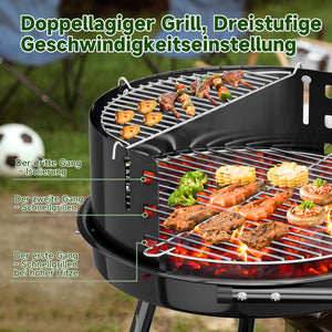 Holzkohlegrill mit Rollen, 39 x 39 + 36 x 14 cm, Garten & Park, Windschutz, Ablage, Warmhalterost, Rundgrill, schwarz