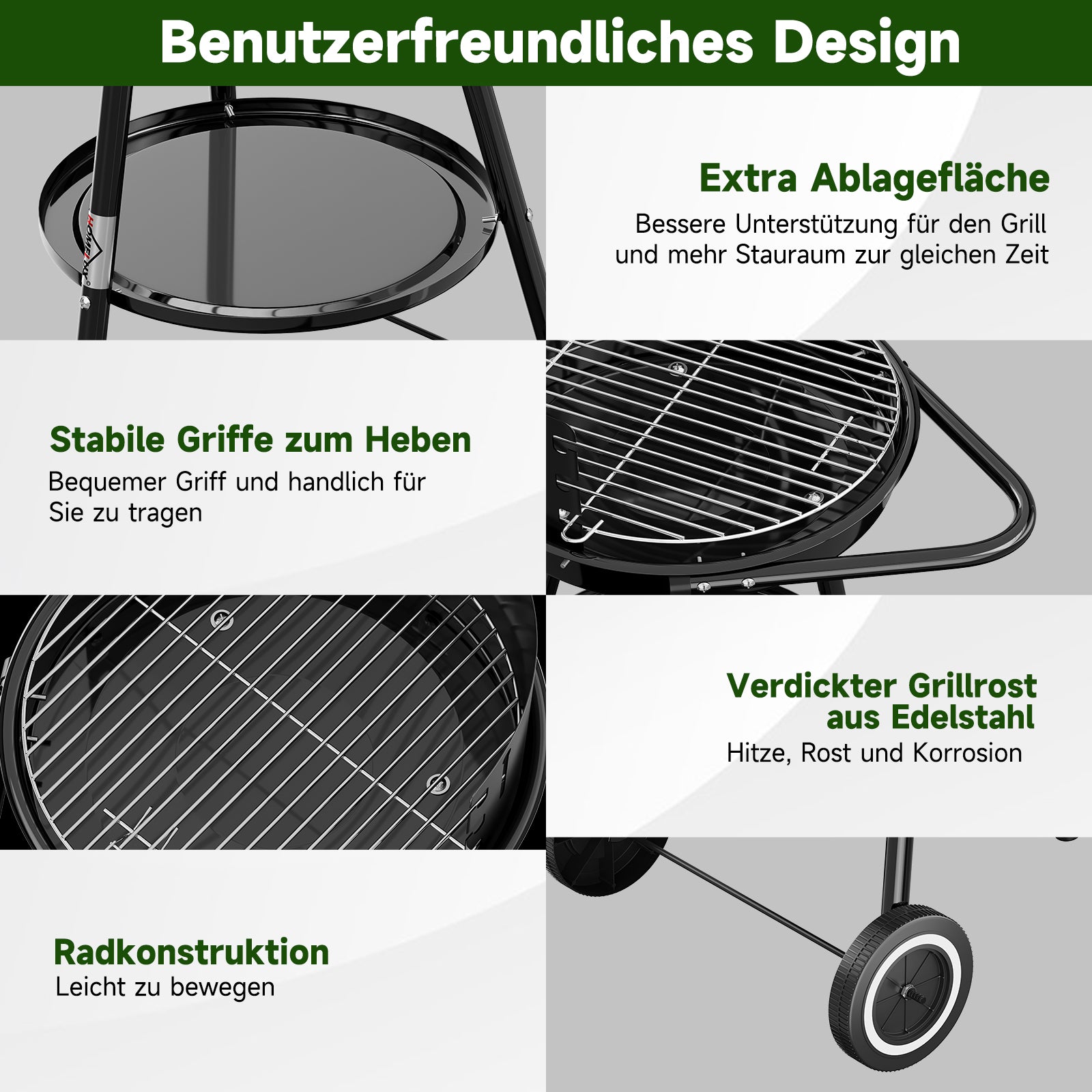 Tragbarer Holzkohlegrill Rundgrill mit Rädern und Windschutz, höhenverstellbarer Edelstahlrost für Garten und Camping