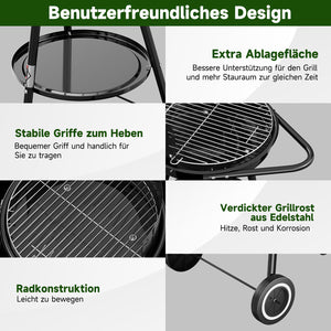 Holzkohlegrill mit Rollen, 39 x 39 + 36 x 14 cm, Garten & Park, Windschutz, Ablage, Warmhalterost, Rundgrill, schwarz