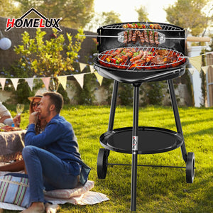 Holzkohlegrill mit Rollen, 39 x 39 + 36 x 14 cm, Garten & Park, Windschutz, Ablage, Warmhalterost, Rundgrill, schwarz