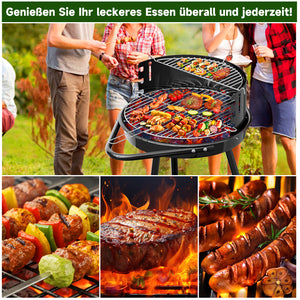 Holzkohlegrill mit Rollen, 39 x 39 + 36 x 14 cm, Garten & Park, Windschutz, Ablage, Warmhalterost, Rundgrill, schwarz