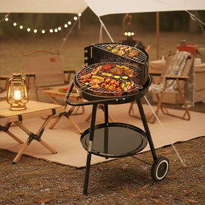 Holzkohlegrill mit Rollen, 39 x 39 + 36 x 14 cm, Garten & Park, Windschutz, Ablage, Warmhalterost, Rundgrill, schwarz