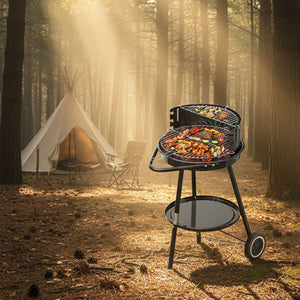 Holzkohlegrill mit Rollen, 39 x 39 + 36 x 14 cm, Garten & Park, Windschutz, Ablage, Warmhalterost, Rundgrill, schwarz