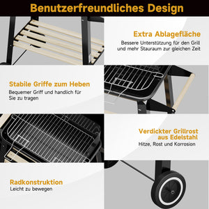 Holzkohle Grillwagen mit Drehspieß, Edelstahlrost, 5 Höhenstufen. Mobiler BBQ Grill mit 2 Holzablagen & Rädern