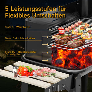 Holzkohle Grillwagen mit Drehspieß, Edelstahlrost, 5 Höhenstufen. Mobiler BBQ Grill mit 2 Holzablagen & Rädern