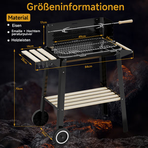 Holzkohle Grillwagen mit Drehspieß, Edelstahlrost, 5 Höhenstufen. Mobiler BBQ Grill mit 2 Holzablagen & Rädern