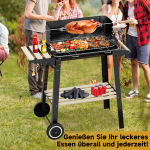 Holzkohle Grillwagen mit Drehspieß, Edelstahlrost, 5 Höhenstufen. Mobiler BBQ Grill mit 2 Holzablagen & Rädern
