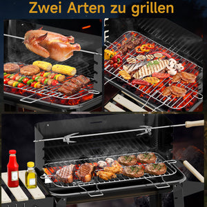 Holzkohle Grillwagen mit Drehspieß, Edelstahlrost, 5 Höhenstufen. Mobiler BBQ Grill mit 2 Holzablagen & Rädern