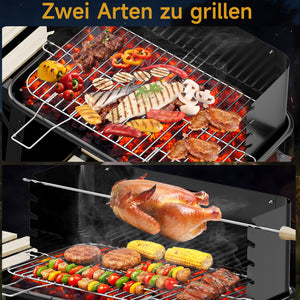 Holzkohle Grillwagen mit Drehspieß, Edelstahlrost, 5 Höhenstufen. Mobiler BBQ Grill mit 2 Holzablagen & Rädern