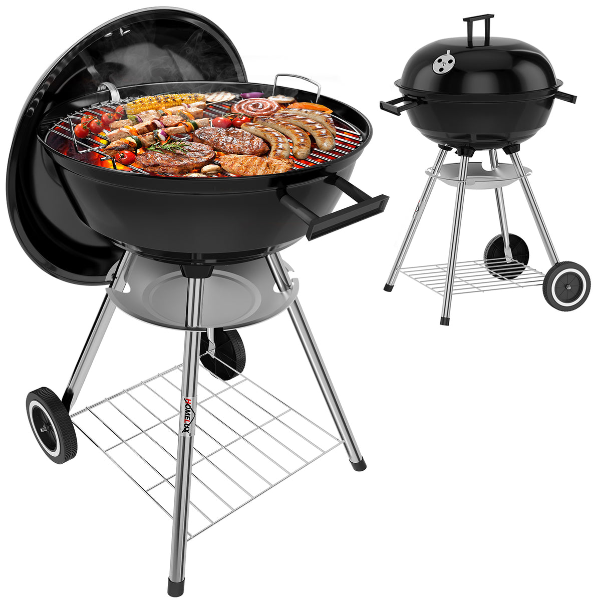 HOMELUX Holzkohlegrill,Ø 44cm Kugelgrill mit Deckel Grillfäche, Barbecue Smoker, BBQ Grill mit Einstellbarer Luftzufuhr & Ascheschale