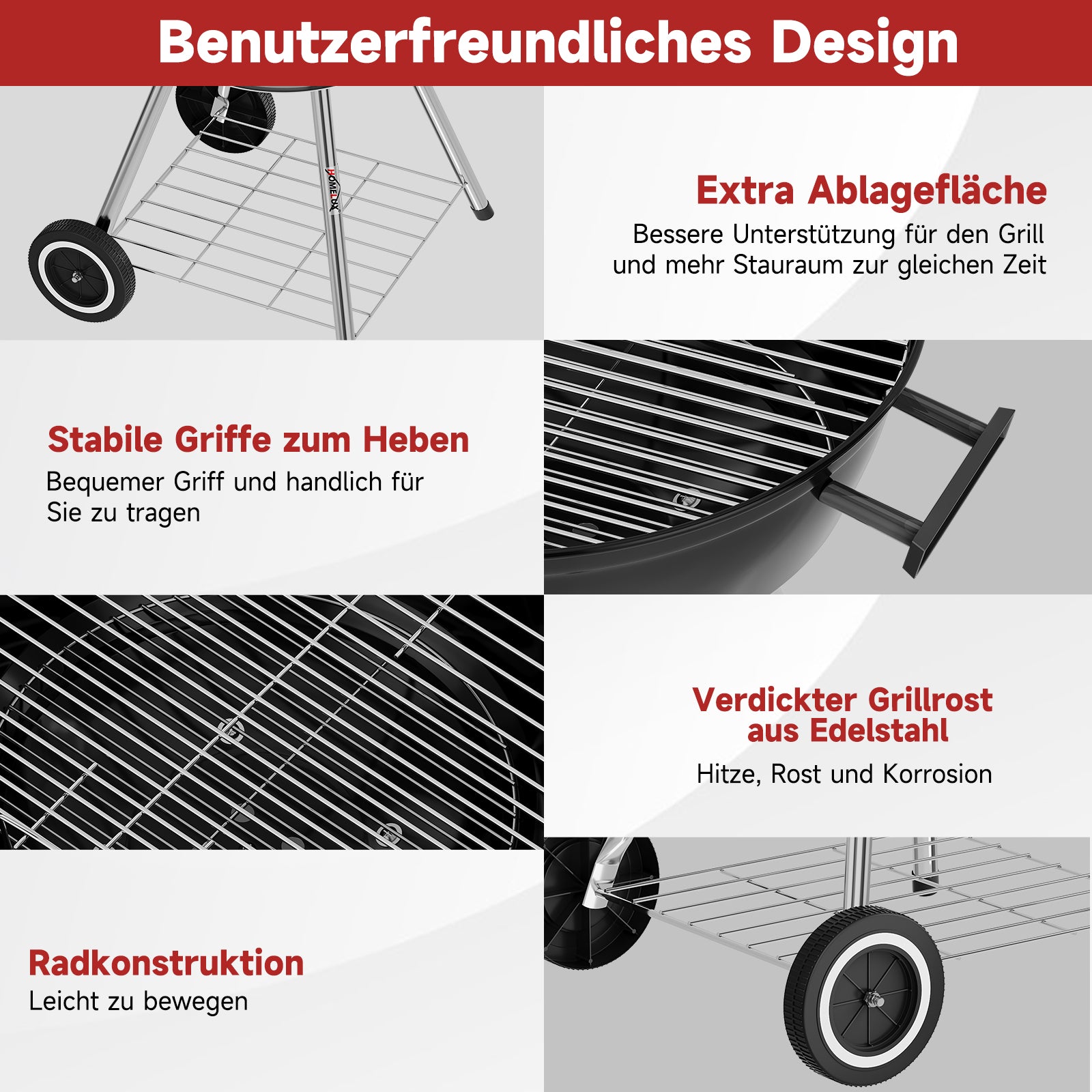 Tragbarer Holzkohle Kugelgrill 47cm, emaillierter BBQ Grill mit Rädern, Doppel-Belüftung, Ascheschale & Ablage für Outdoor Camping